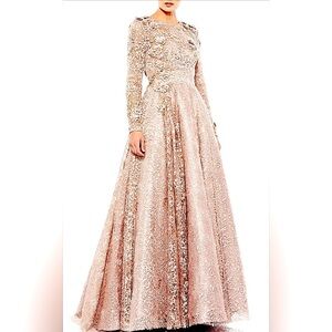 $998 Mac Duggal Lace Embellished Illusion Long Sleeve A Line Gown - mocha 11121